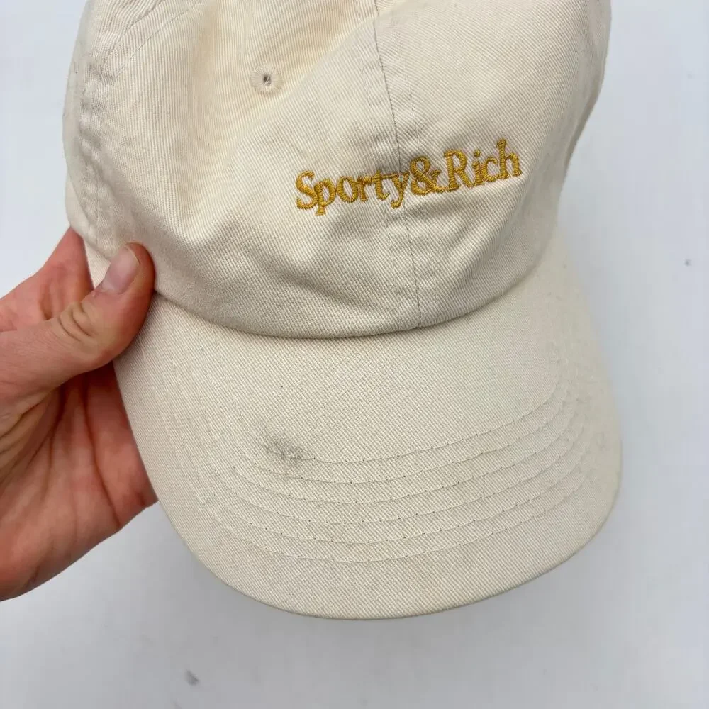 Sporty & Rich Logo Dad Hat Cream Cotton Adjustable Strapback Baseball Cap